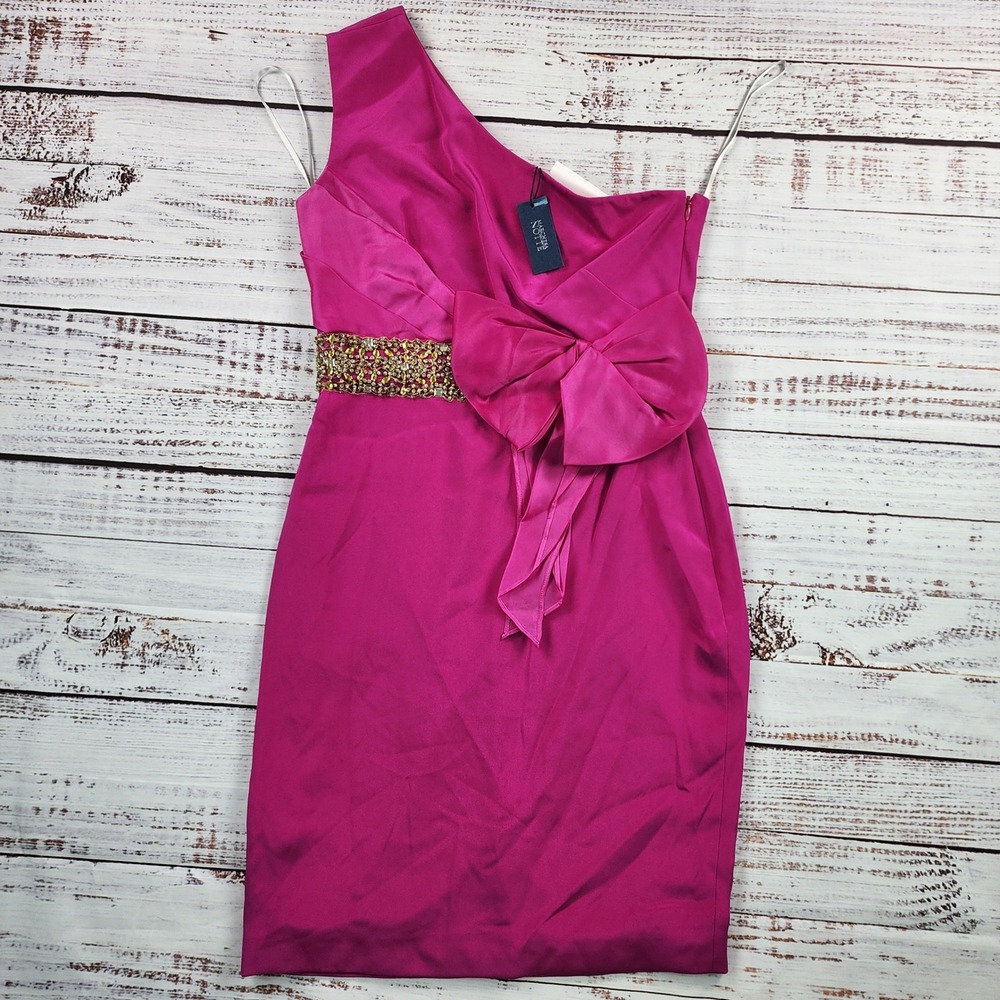 Marchesa Notte Silk Cocktail Dress Womens 4 Magenta One Shoulder Bow Beaded NWT